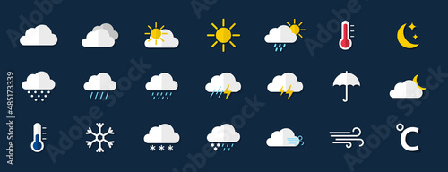 Weather icon set. Weather icons for web. Forecast weather flat symbols. Pictogram vector icons.