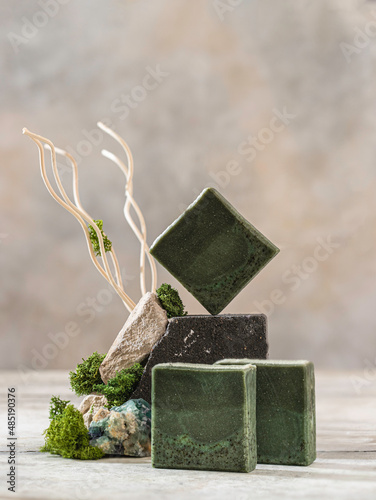 Natural Castile soap with spirulina. Natural organic concept. Handmade soap for relaxation, spa and aromatherapy.