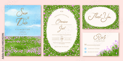 Set of wedding invitation with watercolor spring flower fields background landscape
