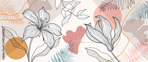 Floral line art pattern background. Earth tone style with ginkgo, leafy , flower, branch, fern and gold wave line vector. Watercolor wallpaper for banner, prints, poster, wall art, and packaging