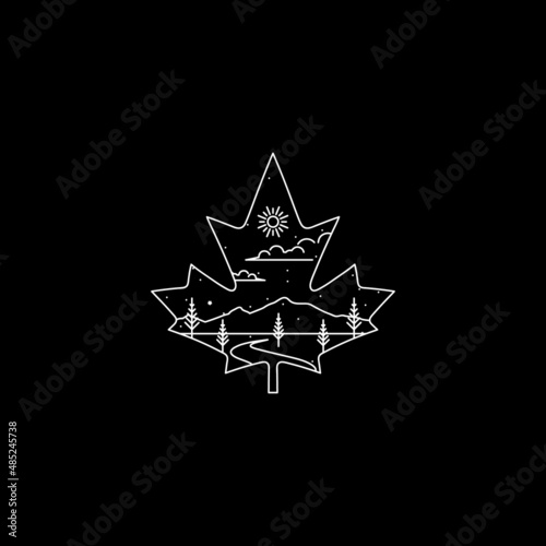 Maple leaf with rocky mountains canada landscape line art logo vector design illustration