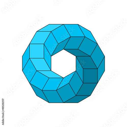 Impossible toroidal polyhedron. Blue impossible infinite shape. Sacred geometry figure. Optical illusion. Twisted hexagonal object. Challenging spiral rhomboid. Vector illustration, flat, clip art