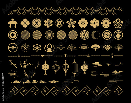 Collection of golden Chinese ornaments and symbols on a black background. Decorative Asian elements.