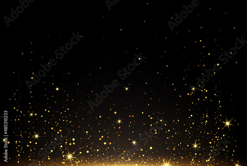 Golden explosion on a black background. Golden glitter particles. Holiday, night club and holiday card. Vector illustration