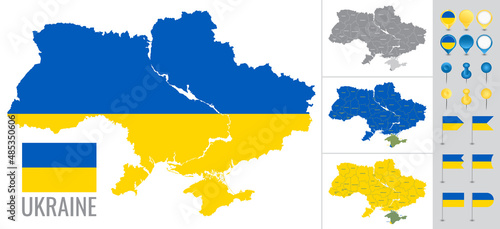 Ukraine vector map with flag, globe and icons on white background
