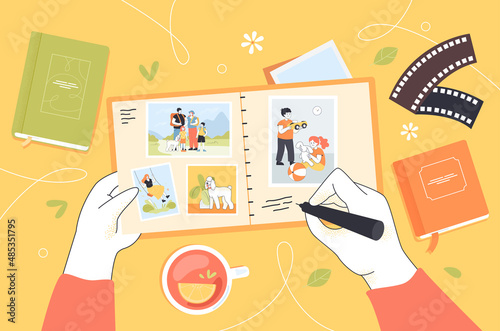 Top view of hands with retro photo album full of happy memories. Photographer putting photos in diary flat vector illustration. Lifestyle, family concept for banner, website design or landing web page