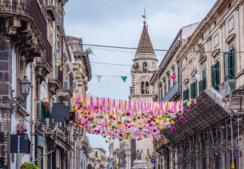 Vittorio Emanuele II street in historic part of Acireale city on Sicily Island, Italy