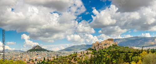 Beautiful Panorama of Athens with Acropolis hill topped by the Parthenon, Athens, Greece, Europe. Picturesque view of the remains of the ancient city of Athens.