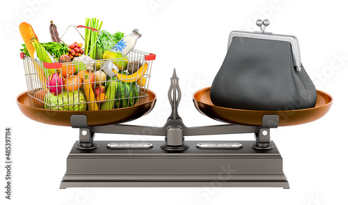 Shopping basket full of products and coin purse on the scale. Balance concept, 3D rendering