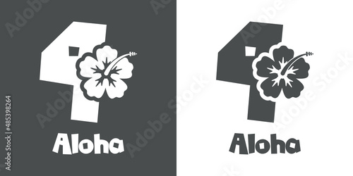 Logotipo texto Aloha con número 4 en tipografía tiki con silueta de flor de hibisco en fondo gris y fondo blanco