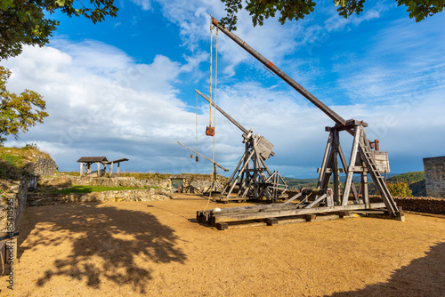 Two medieval war catapults