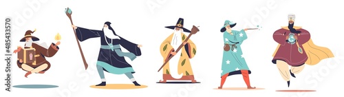 Set of old men magicians and wizards dressed in robes and hat using wand, staff and crystal