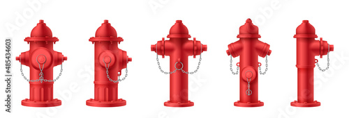 Realistic fire hydrant set. Red construction with valves street pipes for water decent