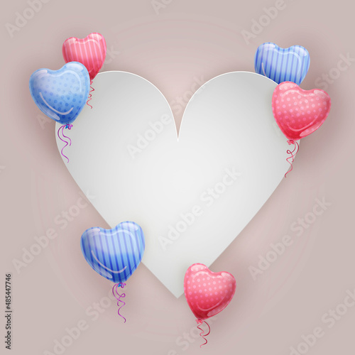 Kolorowe balony w kształcie serca i puste miejsce na tekst lub cytat. Nastrojowe tło na walentynki, dzień kobiet, dzień matki, rocznice, ślub, reklamę, gratulacje. Szablon do mediów społecznościowych.