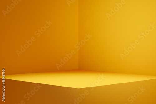 Empty pedestal display on yellow background with blank stand for product show or presentation.