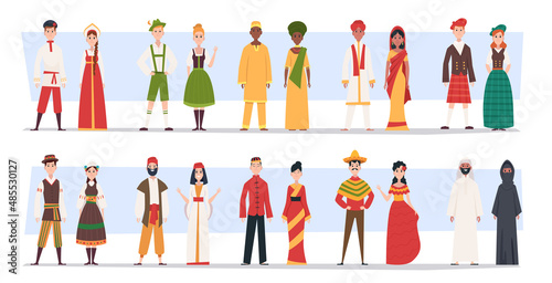 Ethnic clothes. Collection of european traditional folk costumes russian belarus poland different nationality exact vector cartoon characters