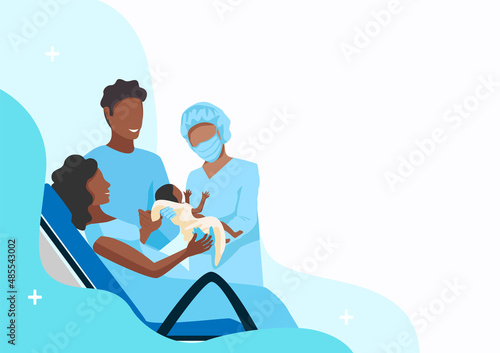 A pregnant woman gives birth to a baby in a maternity hospital. Partner childbirth. Thanks to the doctors and nurses. Vector horizontal illustration on an abstract minimalistic background.