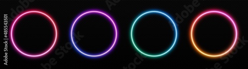 Gradient neon circle frames set. Glowing borders isolated on a dark background. Colorful night banner, vector light effect. Bright illuminated shape.