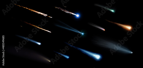 Collection of meteorites, asteroids, comets, meteors, comet tail isolated on a black background. Elements of this image furnished by NASA.