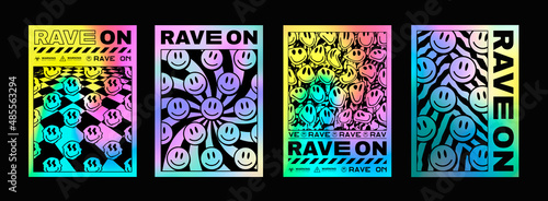 Set Of Cool Trendy Acid Rave Posters. Abstract trippy psychedelic smile pattern.