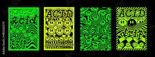 Set Of Abstract Acid Smile Art Posters. Collection of Cool Trippy Rave Placards. Vaporwave Optical Illusion Artwork.