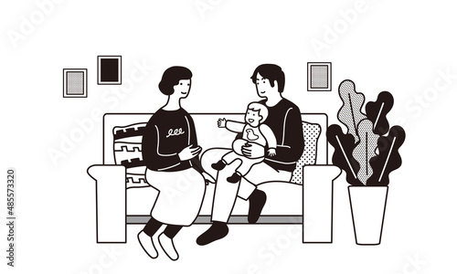 ソファに座る赤ちゃんと家族の笑顔のイラスト モノクロ