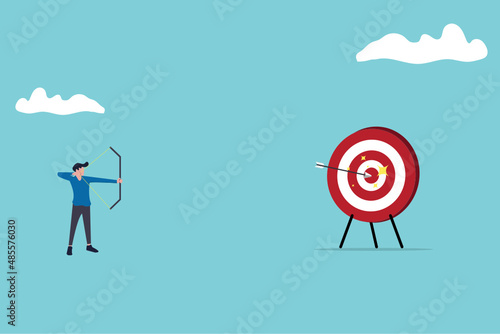 Successfully hitting the target. Man hitting the bullseye thrice with bow and arrow. Vector artwork depicts success, hat trick, accuracy, on target, achievement, perfection, and accomplishment.