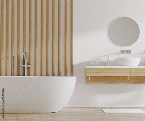 White and light wood bathroom interior with bathtub and sink with cabinets, round mirror, bath accessories, 3d rendering