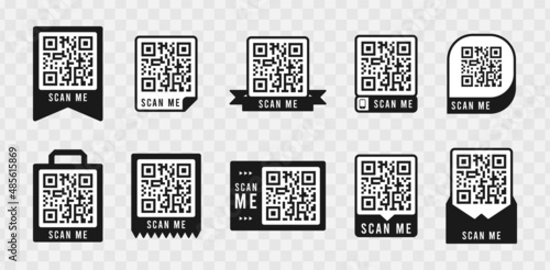 Qr code frame set. Template of frames for QR code with text - scan me. Quick Response codes for smartphone, mobile app, payment and discounts. Vector illustration.