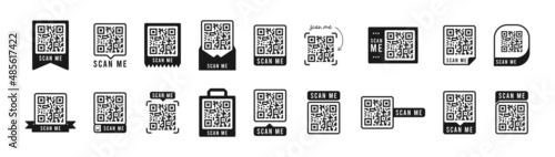 Qr code set. Template of frames for QR code with text - scan me. Quick Response codes for smartphone, mobile app, payment and discounts. Vector illustration.
