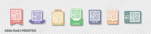 Qr code color frame set. Template of frames for QR code with text - scan me. Quick Response codes for smartphone, mobile app, payment and discounts. Vector illustration.
