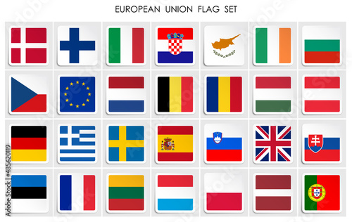 set of EUROPEAN UNION flags icon on paper square sticker with shadow. Button for mobile application or web. Vector