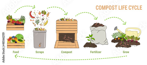 Compost life circle infographic. Composting process. Schema of recycling organic waste from collecting kitchen scraps to use compost for farming. Zero waste. Hand drawn vector illustration.