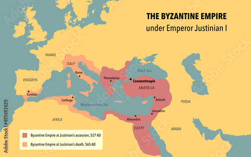 The Byzantine empire under Emperor Justinian I, before his accession and after his death