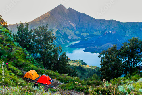 Camping on Mount Rinjani Crater Rim at the First Night Camping on the Three Day Mount Rinjani Trek, Lombok, Indonesia, Asia