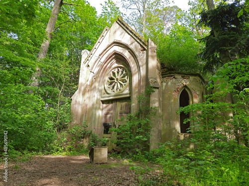 Ruins of an old, creepy mausoleum of von Brandt family located in the forrest, near Danków town, Poland. Outside view.