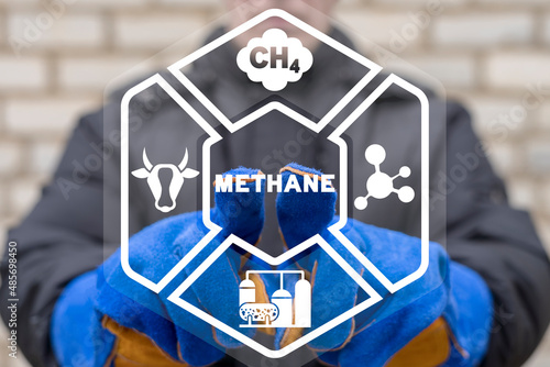 Concept of methane production. CH4 emission from livestock and industry. Methane emissions.