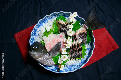 Fishing target saltwater fish “MEJINA”, cooked as a live style sashimi with plum flower branch decoration to enjoy the coming of the spring season cerebration. メジナの刺身、姿造りに白い梅の花を飾る。