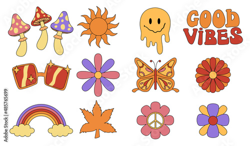 Collection of different psychedelic groovy elements. Hippie retro vintage clipart in 70s-80s style. Vector illustrations hippie style isolated on a white background.