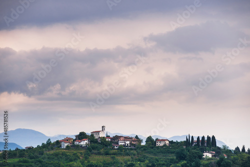 Vineyards surrounding the hill top town of Gornje Cerovo, Goriska Brda, Slovenia, Europe