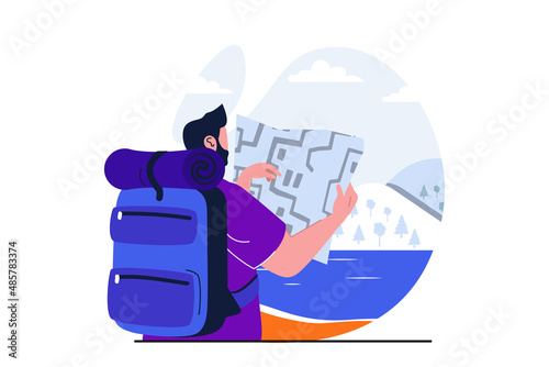 Traveling modern flat concept for web banner design. Male tourist with backpack looking at map with trekking route, hiking and camping rest outdoors. Vector illustration with isolated people scene