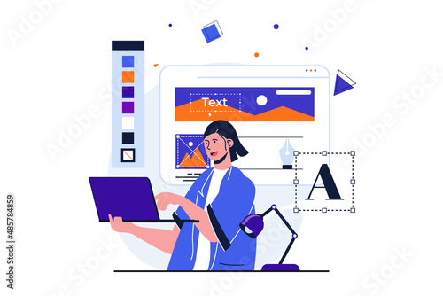 Web designer modern flat concept for web banner design. Woman creates content to fill site, works with digital graphics using drawing tools at laptop. Vector illustration with isolated people scene