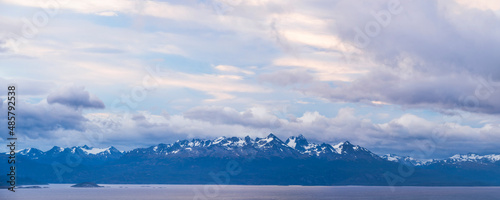 Andes Mountain Range in Chile seen from Ushuaia, the southern most city in the world, Tierra del Fuego, Patagonia, Argentina, South America