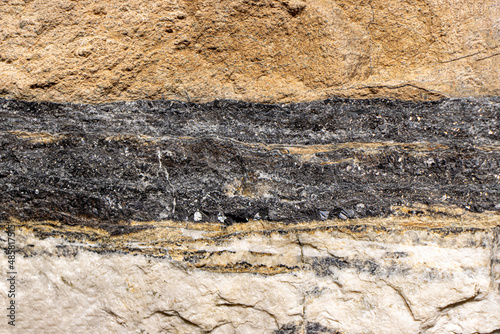 Galenite mineral in geological layers, cross section of rock.