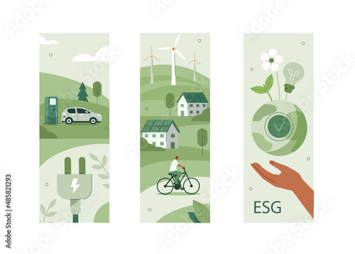  Sustainable living illustration set. ESG, green energy and sustainable industry with windmills and solar energy panels. Environmental, Social, and Corporate Governance concept. Vector illustration.