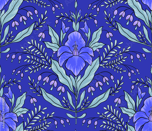 Abstract blue gladiolus and lilac bluebells with leaves on dark. Isolated seamless pattern with outline. For fabric, wrapping paper, wallpaper. Vector illustration