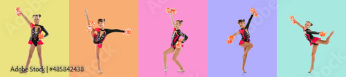 Collage of images of little girls, cheerleaders training isolated over multicolored background