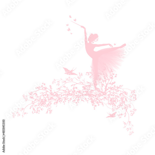 blooming spring season tree branches, dancing fairy tale princess wearing ballet tutu and flying swallow birds vector silhouette copy space design