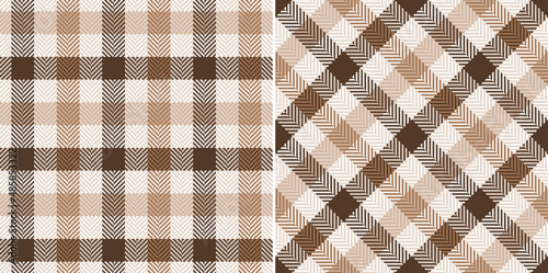 Gingham check plaid pattern in brown and beige. Herringbone textured simple tartan check illustration for dress, trousers, skirt, jacket, flannel shirt, other modern autumn winter fashion textile.