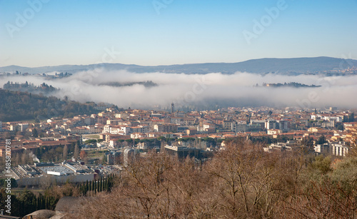 Poggibonsi, Siena, Italy - 2022, Jan. 24: The town is located on the river Elsa and is the main centre of the Valdelsa Valley. Top view, from Papaiano hill..